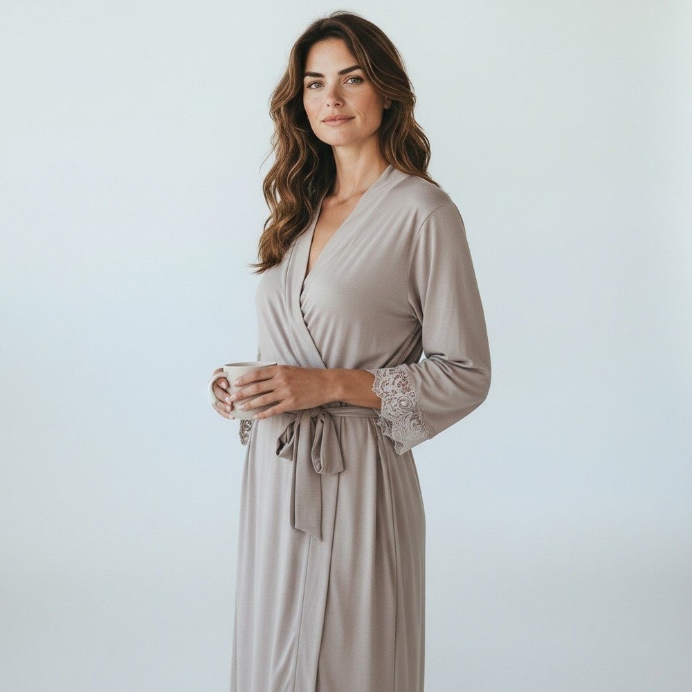 Soma Intimates Taupe Lace Trim Wrap Robe Sleepwear Loungewear S/M minimalist